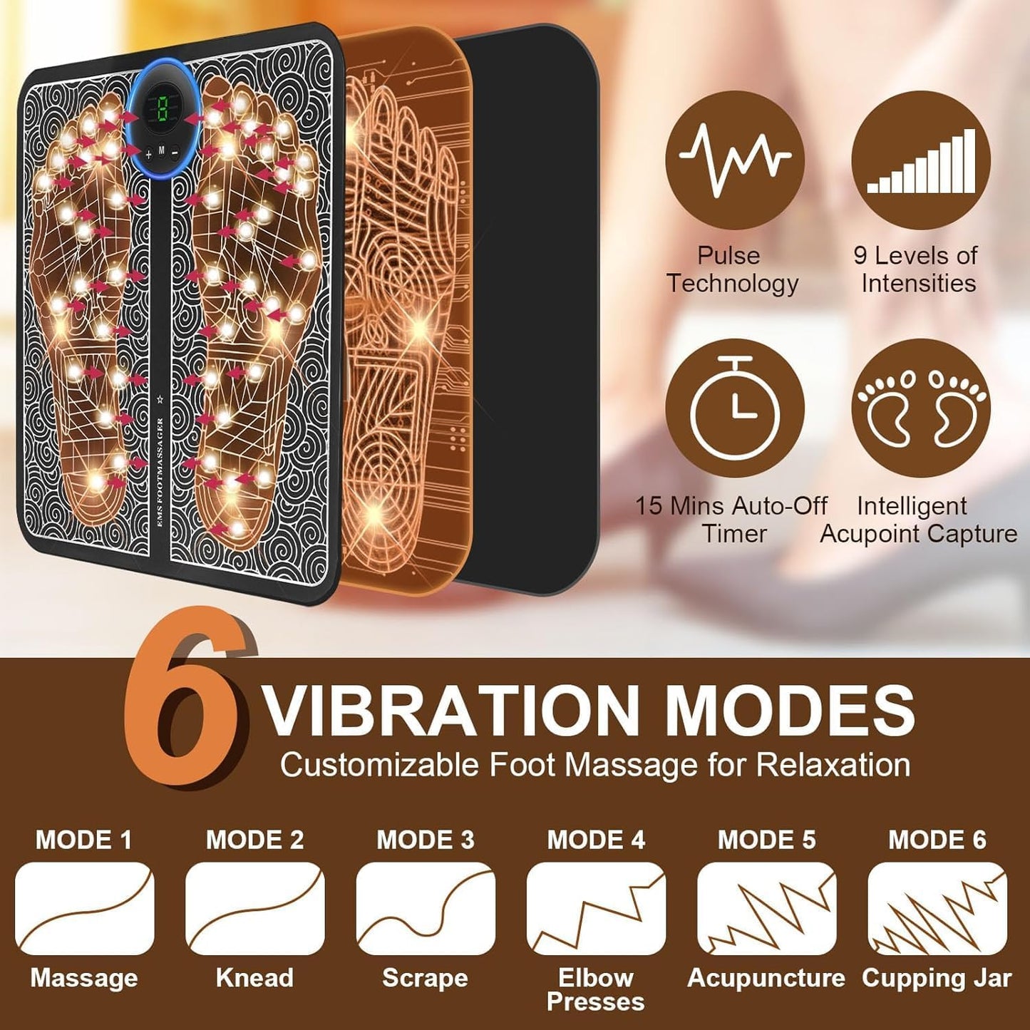 EMS Foot Massager for Pain and Circulation - 6 Modes & 9 Levels